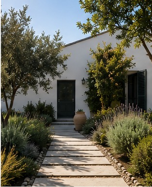 Casa mediterrânica rodeada de jardim